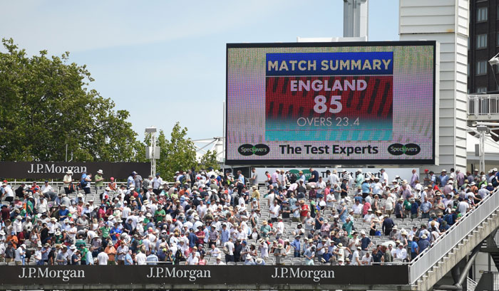 England's first innings total displayed on the scoreboard on day one of the four-day Test against Ireland at Lord's on 24 July 2019. Picture: @Irelandcricket/Twitter