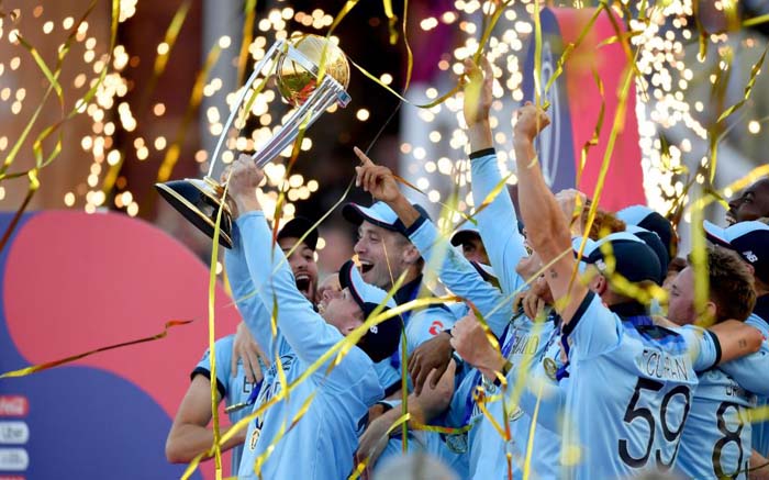 The England cricket team lift the Cricket World Cup trophy on 14 July 2019. Picture: Twitter/@cricketworldcup