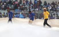 Ground staff ring on ground covers as rain interrupts play in the ICC Cricket World Cup semifinal match between South Africa and Australia at Eden Gardens in Kolkata on 16 November 2023. Picture: @ProteasMenCSA/X