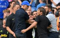 Tottenham Hotspur's head coach Antonio Conte (R) and Chelsea's head coach Thomas Tuchel (L) clash after the English Premier League football match between Chelsea and Tottenham Hotspur at Stamford Bridge in London on 14 August 2022. The game finished 2-2. Picture: Glyn KIRK / AFP