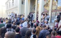 Stellenbosch University students demonstrating outside the campus’ Admin B building on 16 May 2022. This followed an incident the day before where a white student urinated on a black students belongings. Picture: Kevin Brandt/Eyewitness News.