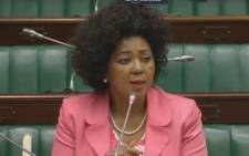 A screengrab of former SABC board chairperson Ellen Tshabalala answering questions in Parliament.