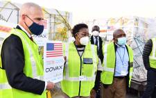 Acting Minister of Health, Mmamoloko Kubayi joined by Health Deputy Minister Dr Joe Phaahla and Chief of Mission at US Embassy Todd Haskell receives 2.8 million Pfizer vaccine doses at the OR Tambo International Airport on 31 July 2021,. Picture: Twitter/@HealthZA