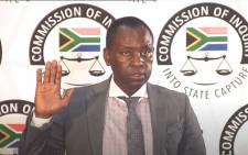 Former Mineral Resources Minister Mosebenzi Zwane takes the oath at the state capture commission on 13 May 2021. Picture: YouTube screengrab/SABC.
