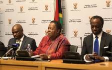 Higher Education and Training Minister Naledi Pandor, Deputy Minister Buti Manamela and Nsafs chairperson Sizwe Nxasana briefing media in Cape Town on the progress made, so far, in implementing free higher education. Picture: @SAgovnews/Twitter