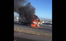 A truck is alight on the N7 near Malmesbury. Picture: Screengrab.