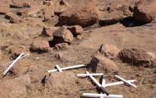 Crosses on the koppie in Marikana, where 34 miners were killed in a standoff with police on 16 August 2012. Picture: Christa Eybers/EWN.