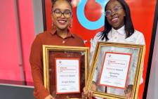 Opinion category winner Zongile Nhlapo (l) and innovation in journalism joint winner Kgomotso Modise, at the Vodacom Journalist of the Year awards on 30 November 2023. Picture: Supplied