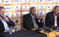 Kaizer Chiefs Chairman Kaizer Motaung, former coach Stuart Baxter and team manger Bobby Motaung at a press conference in Naturena, Tueday 2 June 2015. Picture: Vumani Mkhize. 