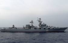 In this file photo taken on 17 December 2015 the Russian missile cruiser Moskva patrols in the Mediterranean Sea, off the coast of Syria. Russia's Black Sea flagship involved in the naval assault on Ukraine has been "seriously damaged" by an explosion, state media reported 14 April 2022, as Moscow threatened to strike Kyiv's command centres. Picture: Max DELANY/AFP