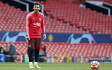 Barcelona's Lionel Messi reacts during his team's training session ahead of their Champions League clash against Manchester United. Picture: @FCBarcelona/Twitter.