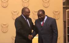 President Cyril Ramaphosa congratulates new Finance Minister Tito Mboweni on 9 October 2018. Picture: @SAgovnews/Twitter