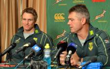 Jean de Villiers and Springbok coach Heyneke Meyer at the press conference in Durban where De Villiers was officially announced as the new captain on 4 June 2012. Picture: Aletta Gardner/EWN"