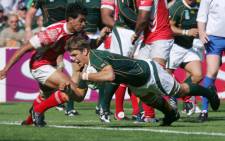 FILE: Springbok flanker Juan Smith scores a try in the match against Tonga at the 2007 Rugby World. Picture: AFP