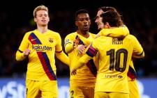 Barcelona players celebrate their goal against Napoli in their UEFA Champions League match on 25 February 2020. Picture: @FCBarcelona/Twitter