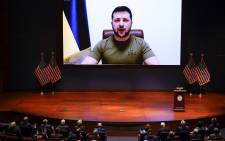Ukrainian President Volodymyr Zelensky virtually addresses the US Congress on March 16, 2022, at the US Capitol Visitor Center Congressional Auditorium, in Washington, DC. Picture: J. Scott Applewhite / POOL / AFP