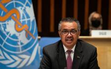 FILE: A handout photograph taken and released by the World Health Organisation (WHO) on 24 May 2021, shows the Director-General of the World Health Organization (WHO) Tedros Adhanom Ghebreyesus delivering a speech during the 74th World Health Assembly, at the WHO headquarters, in Geneva. Picture: Christopher Black/World Health Organization/AFP