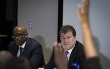 FILE: Tiger Brands CEO Lawrence MacDougall  (C) answers questions during a media briefing on the 4 March 2018. Picture: Sethembiso Zulu/EWN