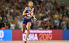 FILE: US athlete Allyson Felix competes in the final of the women's 4x400m relay athletics event at the 2017 IAAF World Championships at the London Stadium in London on 13 August 2017. Picture: AFP