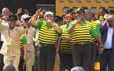President Jacob Zuma alongside his deputy Cyril Ramaphosa at the ANC’s election manifesto on 16 April, 2016. Picture: Vumani Mkhize/EWN.
