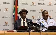 Police Minister Bheki Cele and the SA Police Service management brief media on the security detail at the FNB Stadium during the Global Citizen Festival. Picture: @SAgovnews/Twitter.