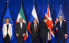 (From L) EU's foreign policy chief Federica Mogherini, Iranian Foreign Minister Mohammad Javad Zarif, Deputy director of the Department for Nonproliferation and Arms Control of the Ministry of Foreign Affairs of Russia Alexey Karpov, British Foreign Secretary Philip Hammond and US Secretary of State John Kerry at the announcement of an agreement on Iran nuclear talks on 2 April 2015, at the The Swiss Federal Institutes of Technology (EPFL) in Lausanne. Picture: AFP/ FABRICE COFFRINI