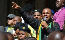 ANC Youth League Western Cape Chairperson Khaya Yozi addresses the crowd outside the provincial legislature on 27 August 2012. Picture: Aletta Gardner/EWN