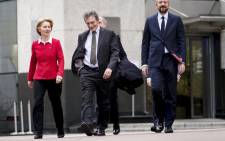 European Commission President Ursula von der Leyen (L), European Council President Charles Michel (R) and European Parliament President David Sassoli (C) arrive for a meeting near The European Parliament in Brussels on 31 January 2020. Picture: AFP