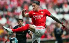 Benfica's Uruguayan forward Darwin Nunez kicks the ball during the Portuguese League football match between SL Benfica and FC Famalicao at the Luz stadium in Lisbon on 23 April 2022. Picture: CARLOS COSTA/AFP
