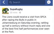 The Facebook post of a blog using the word "rape"  to describe how one rugby team beat another. Picture: Facebook.