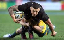New Zealand’s All Blacks centre Sonny Bill Williams being tackled during their Rugby Championship test match against the Australian Wallabies in Sydney. Picture: AFP.