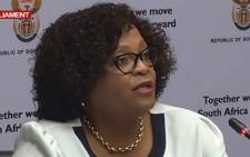 A screengrab of Communications Minister Nomvula Mokonyane briefing the media on 15 March 2018.