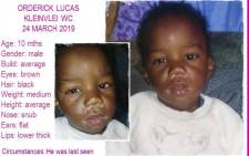 Missing 10-month-old Orderick Lucas. Picture: Pink Ladies via Facebook.com.