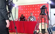 Ajax Cape Town CEO Ari Efstathiou (right) speaks during a press conference. Picture: @ajaxcapetown/Twitter