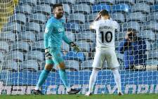 Leeds United midfielder Ezgjan Alioski reacts after hitting the post and failing to score in the penalty shootout during the English League Cup second round football match between Leeds United and Hull City at Elland Road in Leeds, northern England on 16 September 2020. Hull won 9-8 after a penalty shootout. Picture: AFP