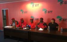 EFF leader Julius Malema and party members address the media in Braamfontein. Picture: Masa Kekana/EWN.