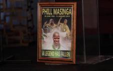 A photo frame at the funeral of former Bafana Bafana forward Phil Masinga on 24 January 2019 at the Khumalo Stadium in Khuma, North West province. Picture: Abigail Javier/EWN