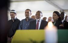 Former President Kgalema Motlanthe sings the national anthem next to the coffin of Ahmed Kathrada at his funeral on 29 March 2017. Picture: Reinart Toerien/EWN.
