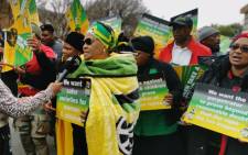 The ANC's Nomvula Mokonyane leads a picket outside the Krugersdorp Magistrates Court on 3 AUgust 2022. Picture: @MYANC/Twitter
