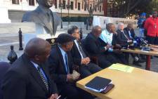 aders of various opposition parties hold a briefing outside Parliament on the motion of no confidence in President Jacob Zuma, which Baleka Mbete has decided will be held by secret ballot. Picture: Lindsay Dentlinger/EWN.