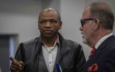 FILE: Supra Mahumapelo (left) chats to Carl Niehaus at the state capture commission on 15 July 15, 2019. Picture: Abigail Javier/EWN