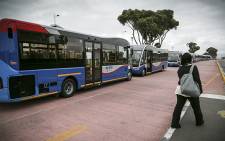 A pedestrian passes by the line of MyCiTi Buses parked as part of the protest in the red designated bus lane. Picture: Thomas Holder/EWN