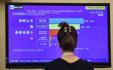 A journalist watches a TV screen showing the first exit polls at the Five-Star Movement (M5S) press room early on March 5, 2018 after the closure of the polling stations in Rome. Picture: AFP
