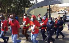 Nehawu members protest outside the National Health Laboratory Services (NHLS) on 21 August 2020. Picture: Nehawu/Facebook
