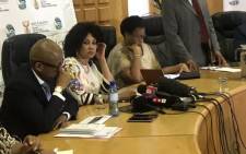Minister of Water and Sanitation Lindiwe Sisulu briefs the media on Gauteng's water crisis on 28 October 2019 in Johannesburg. Picture: Thando Kubheka/EWN