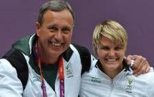 Sunette Viljoen and her coach Terseus Liebenberg at the London 2012 Olympic Games. Picture: Wessel Oosthuizen/Sascoc