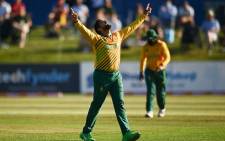 South Africa's  Tabraiz Shamsi celebrates the fall of an Irish wicket during the T20 International match in Dublin on 19 July 2021. Picture: @cricketireland/Twitter