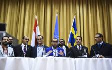 Rebel negotiator Mohammed Abdelsalam (C) holds a press conference together with members of the delegation following the peace consultations taking place at Johannesberg Castle in Rimbo, north of Stockholm, Sweden, on 13 December 2018. Picture: AFP