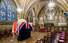The coffin of former British Prime Minister Margaret Thatcher rests in the Crypt Chapel of St Mary Undercroft beneath the Houses of Parliament in central London on 16 April 2013. Picture: AFP/Pool/Leon Neal
