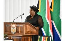 Premier Refilwe Mtsweni-Tsipane delivers the welcoming remarks during the official service for Minister Jackson Mthembu. Picture: GCIS